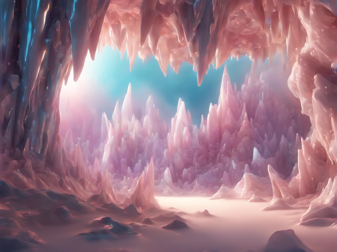 (8k wallpaper, .primitive, Photorealistic:1.25) ,( glossy side,, Best quality, Ultra-high resolution, Depth of field, color difference, Caustics, Special light) ,Iridescent color style,(dreamy and romantic compositions:1.5)，Bright style，Crystal Cave,