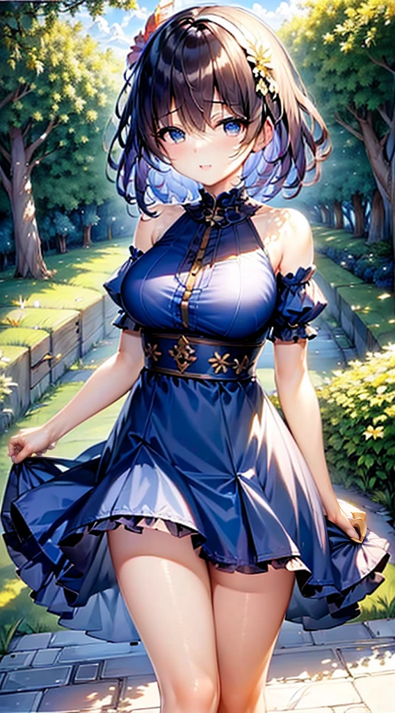 (Best quality at best, tmasterpiece), 1个Giant Breast Girl, lewd poses, Particle, ventania, florals, The upper part of the body, backgound, looking at viewert, Short blue hair, milky ways, Aesthetic,blue color eyes