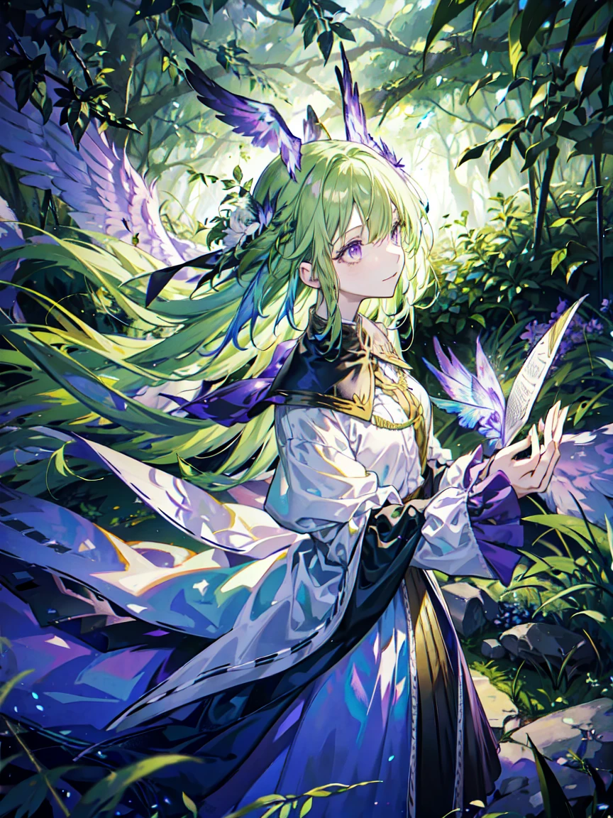 Best quality, best angle,Light green hair,purpleeyes,arms stretched wide,In the middle of the forest, Surrounded by birds,There are spells floating around,flying bird in hand,long, floated hair