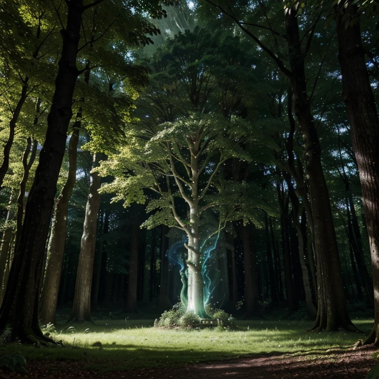 Setting Scene: Generate a vivid image of the Enchanted Forest's glade, where ancient trees stand tall, their leaves shimmering with an otherworldly glow. The mystical portal should be at the center, emanating a soft, enchanting light.