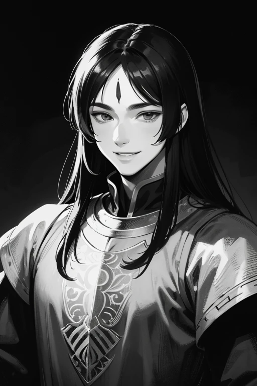 FANTASY, {{{medieval}}}, PORTRAIT, {{LINE ART}}, {{MANGA STYLE}}, ILLUSTRATION, MASTERPIECE, {{monochrome}}, MALE, KNIGHT, SMILE FACE, BLACK LONG HAIR, {{CHARACTER}}