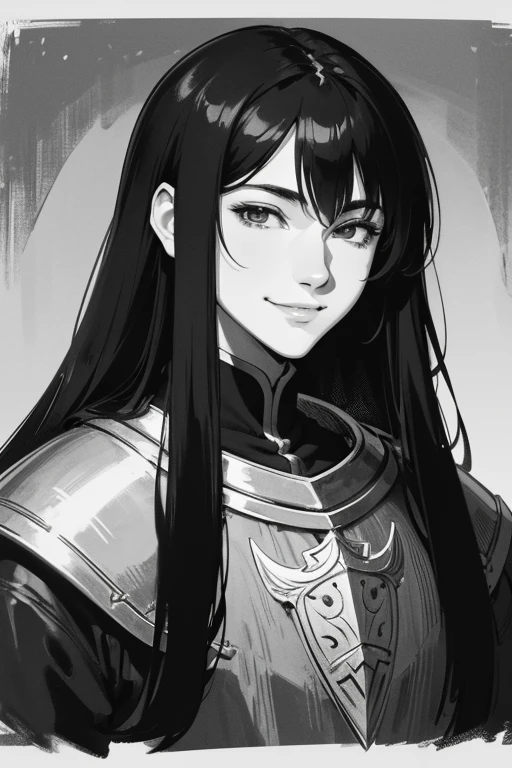 FANTASY, {{{medieval}}}, PORTRAIT, {{LINE ART}}, {{MANGA STYLE}}, ILLUSTRATION, MASTERPIECE, {{monochrome}}, MALE, KNIGHT, SMILE FACE, BLACK LONG HAIR, {{CHARACTER}}