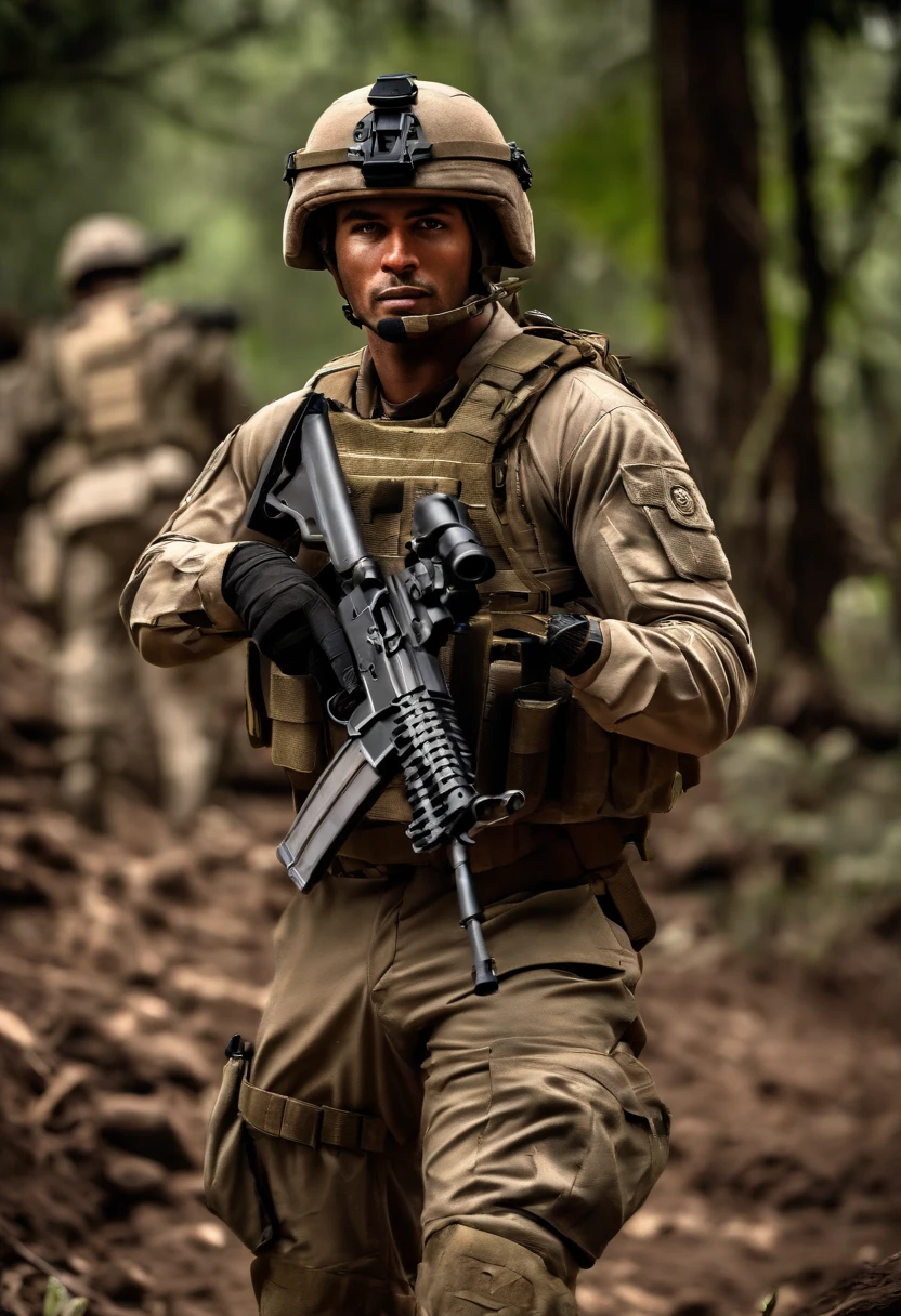 best quality,ultra-detailed,realistic:1.37,South America,male soldiers,combat uniforms,tactical gear,protective helmets,(MP5 rifles),strong and confident,stern expressions,dynamic poses,intense action,military backdrop,HDR,vivid colors,professiona