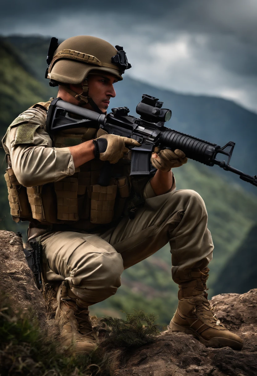 best quality,ultra-detailed,realistic:1.37,South America,male soldiers,combat uniforms,tactical gear,protective helmets,(MP5 rifles),strong and confident,stern expressions,dynamic poses,intense action,military backdrop,HDR,vivid colors,professiona