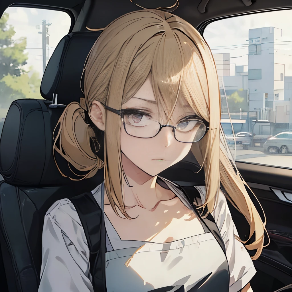 ⓪Action：Sit in the driver's seat, Drive the steering wheel with a confident look, ①Quality：(Ultra-detailed:1.3), masutepiece, 8K, extremely details CG, (1 girl), Perfect hands:1.2), (Perfect ???????:1.2), (Beautiful face: 1.1), The specifics of the complex iris, fascinating eye reflection, Glowing highlights of the eyes, Depth and three-dimensionality of pupils, Subtle color changes in the iris, Particular eyelash details,　Depth and three-dimensionality of pupils, ②Lighting：Brightening light, Moody lighting, Nature lighting, Best Illumination, ③ part: (flat chest: 1.4), Floating hair, Detailed face, Detailed eyes, Shiny hair, ④Style: Animation, Illustration, ⑤Subject： (Low Ponytail hair:1.3), (Blonde hair, Straight hair, Long hair,Hair in the middle, Black eyes, Sanpaku eyes ), ⑥Environment：((inside of a car)) ⑦Construction：Upper body, (closeup view: 1.3), Looking at Viewer, Very Wide Shot, From below, ⑧Costume : (Cafe Apron: 1.3), (Glasses:1.5), ⑨Others：(Slender body、small head、Seven-headed body), Wear an apron over a T-shirt,