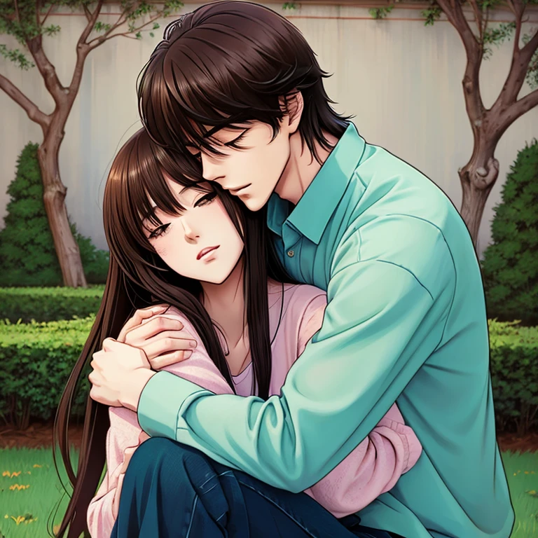 A young, handsome charismatic guy gently hugs his beloved.manhwa style