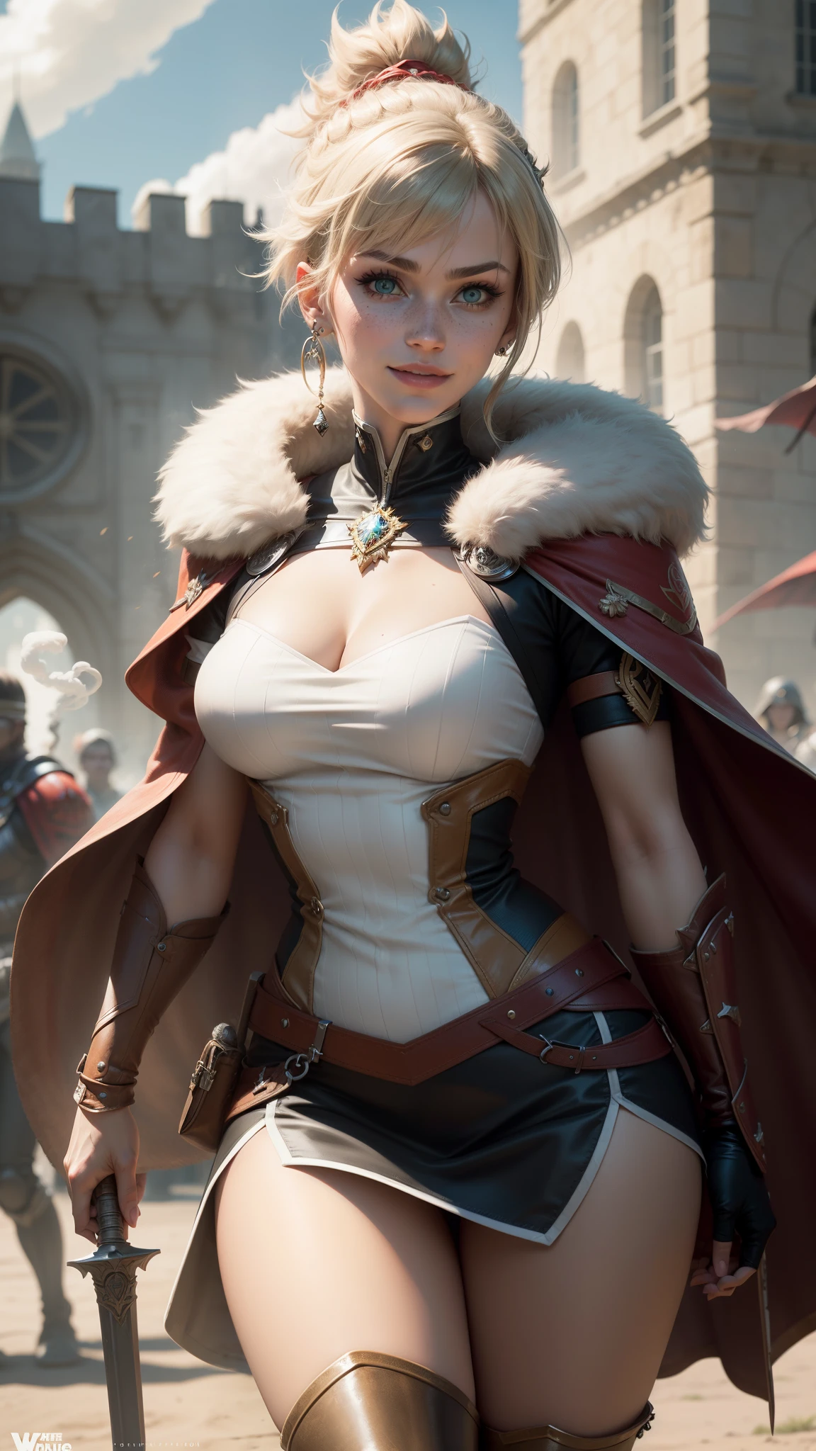 gwen tennyson,mordred,tracer,rebecca chambers,overwatch,warcraft,close up,castle under siege,tattoos,orange and white plugsuit,steel short sleeve viking top,leather short sleeve valkyrie armor,steel tight skirt,white viking corset,short hair,battle makeup,green eyes,multicolored silver hair,evil smile,freckles,beautiful girl,fur thigh high boots,large breasts,8k,ultra detailed,realistic,fantasy art,valkyrie uniform,warrior queen uniform,hair pin,ear piercings,battlefield,viking hand and neck jewelry,(weather:smoke rising),1girl,long knight cloak,battle spear,
