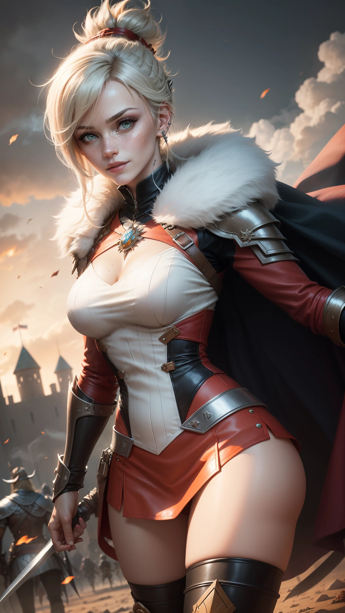 gwen tennyson,mordred,tracer,rebecca chambers,overwatch,warcraft,close up,castle under siege,tattoos,orange and white plugsuit,steel short sleeve viking top,leather short sleeve valkyrie armor,steel tight skirt,white viking corset,short hair,battle makeup,green eyes,multicolored silver hair,evil smile,freckles,beautiful girl,fur thigh high boots,large breasts,8k,ultra detailed,realistic,fantasy art,valkyrie uniform,warrior queen uniform,hair pin,ear piercings,battlefield,viking hand and neck jewelry,(weather:smoke rising),1girl,long knight cloak,battle spear,