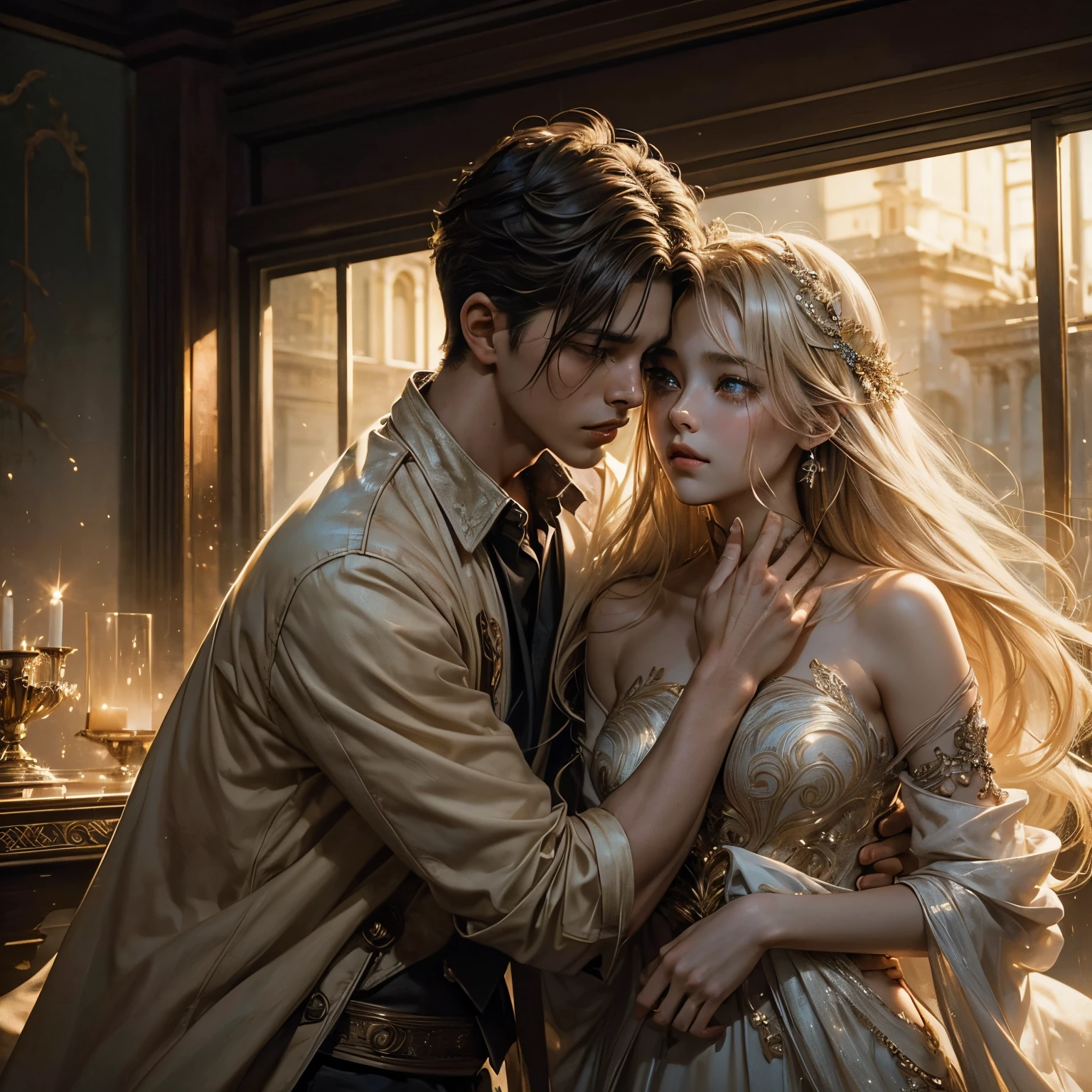 concept-art、a couple、❴A beautiful young man hugging a crying beautiful girl❵、(two beautiful faces)、Lustrous skin、eyes with tears running down、(Neutral males)、Glamorous depiction、dramatic compositions、Masterpiece、4K
