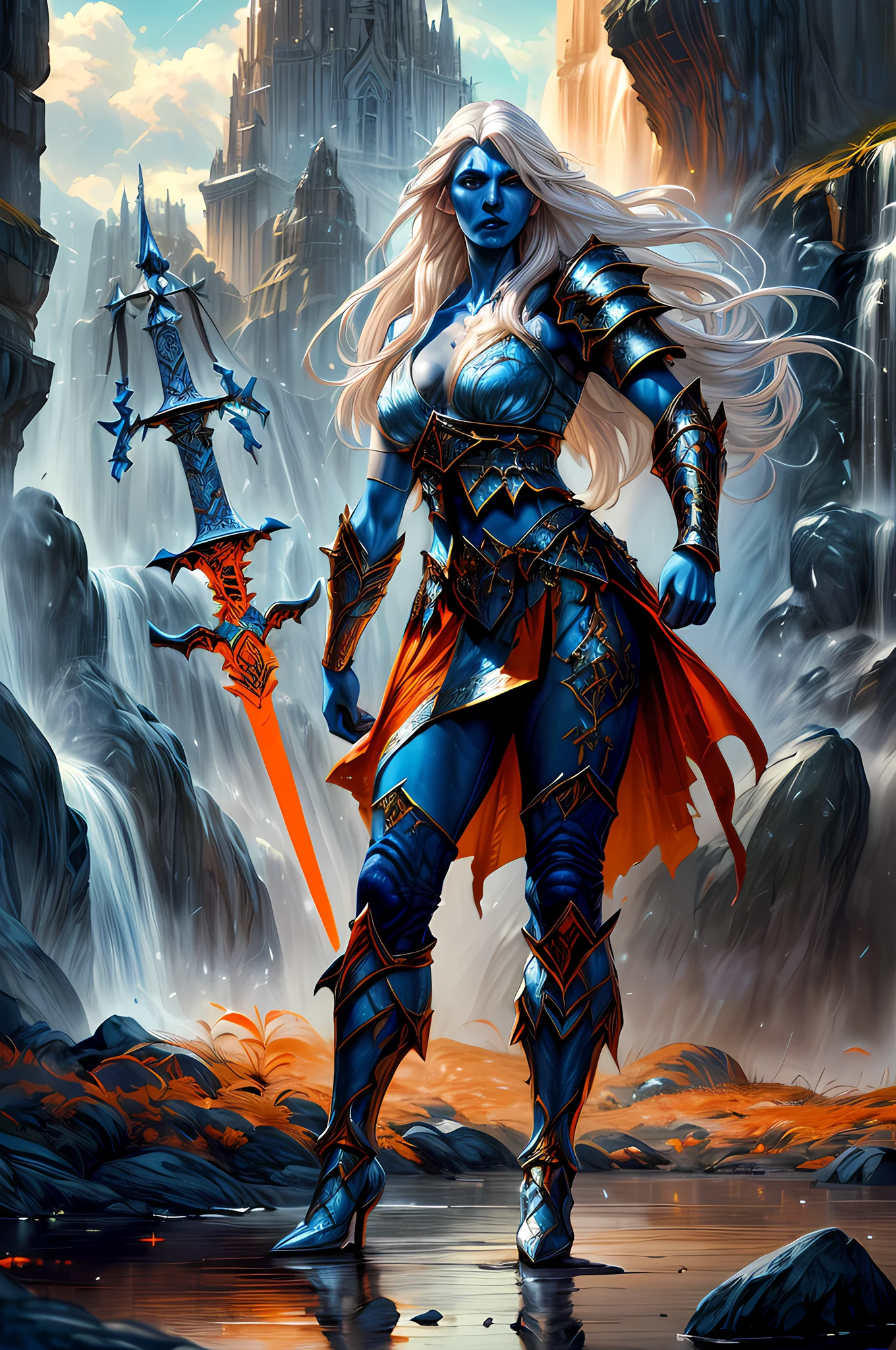 fantasy art, dnd art, RPG art, drkfntasy wide shot, (masterpiece:1.3), full body intense details, highly detailed, photorealistic, best quality, highres, portrait a vedalken female (fantasy art, Masterpiece, best quality: 1.3) (blue colored skin: 1.3), intense details facial detail fantasy art, Masterpiece, best quality)cleric, (blue colored skin: 1.3) 1person blue_skin, (white hair: 1.3), long hair, intense green eye, fantasy art, Masterpiece, best quality) armed a fiery sword red fire, wearing heavy (white: 1.3) half plate mail armor LnF wearing high heeled laced boots, wearing an(orange :1.3) cloak, wearing glowing holy symbol GlowingRunes_yellow,  within fantasy temple background and sun and clouds, reflection light, high details, best quality, 16k, [ultra detailed], masterpiece, best quality, (extremely detailed), dynamic angle, ultra wide shot, photorealistic, RAW, fantasy art, dnd art, fantasy art, realistic art
