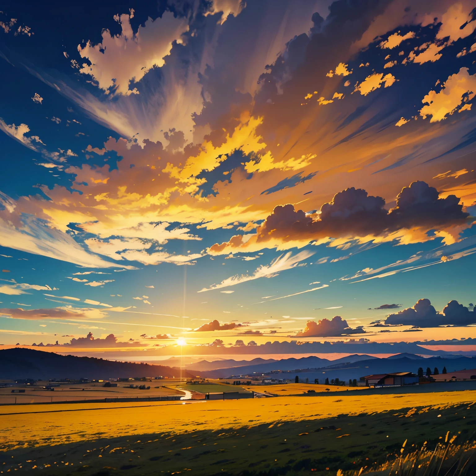 A painting of a sunset over a field with a road - SeaArt AI