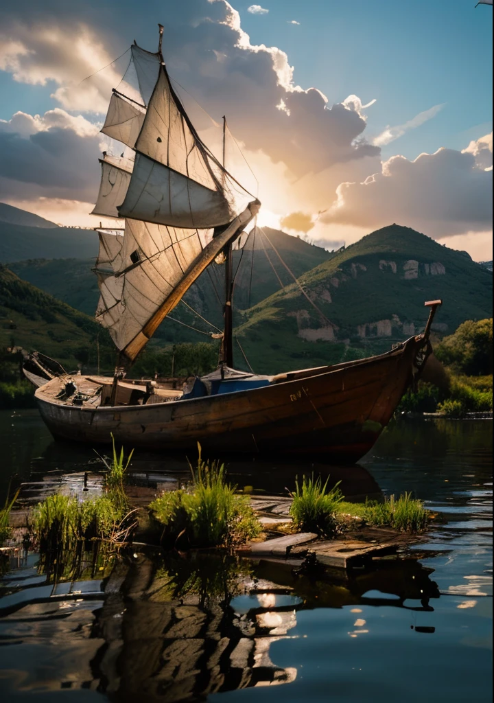 A old boat in a lake. Background hills