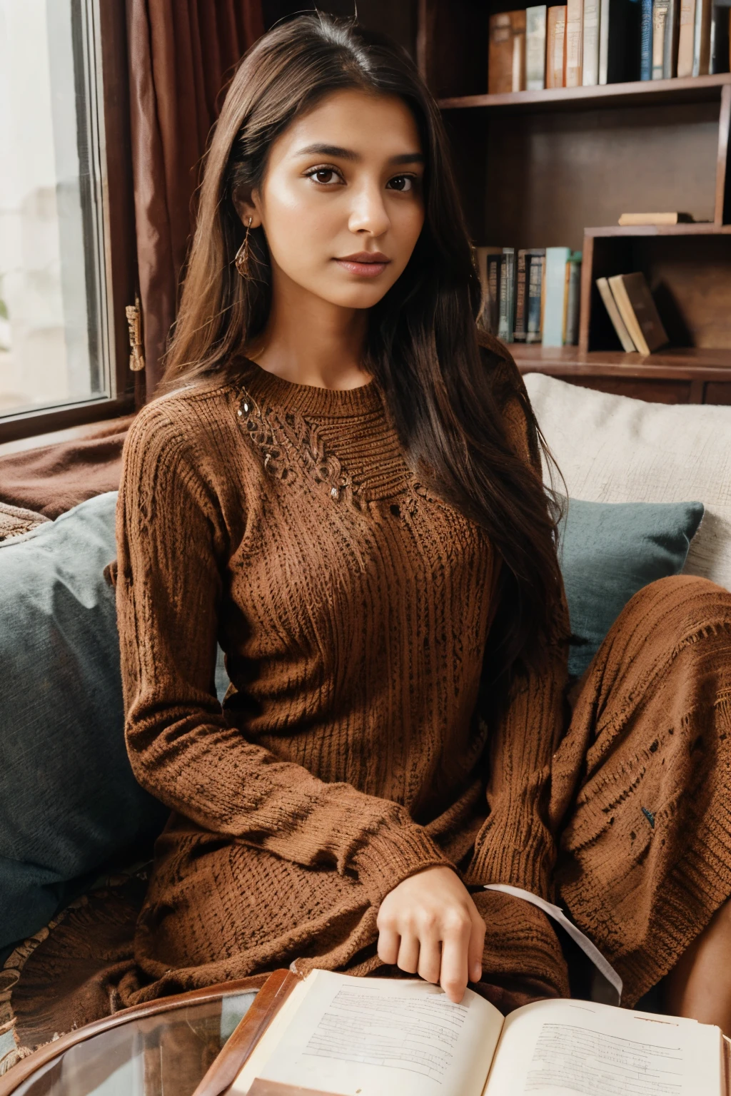 Beautiful ,23 years young girl healthy,confident looking,8k,realistic,dark brown hair,fair skin, indian,long hair,clear facial features, wearing Rust color knit dress, sitting with book and tea, interior of Indian Living room