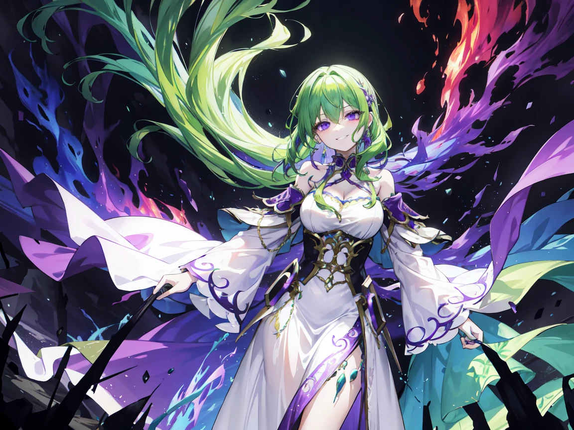 "4k fantasy chaotic scene: On the chaotic battlefield,A human with green hair and purple eyes stands smiling, They looked desperate in the flickering flames, Surrounded by blue flames,Plain white long dress."