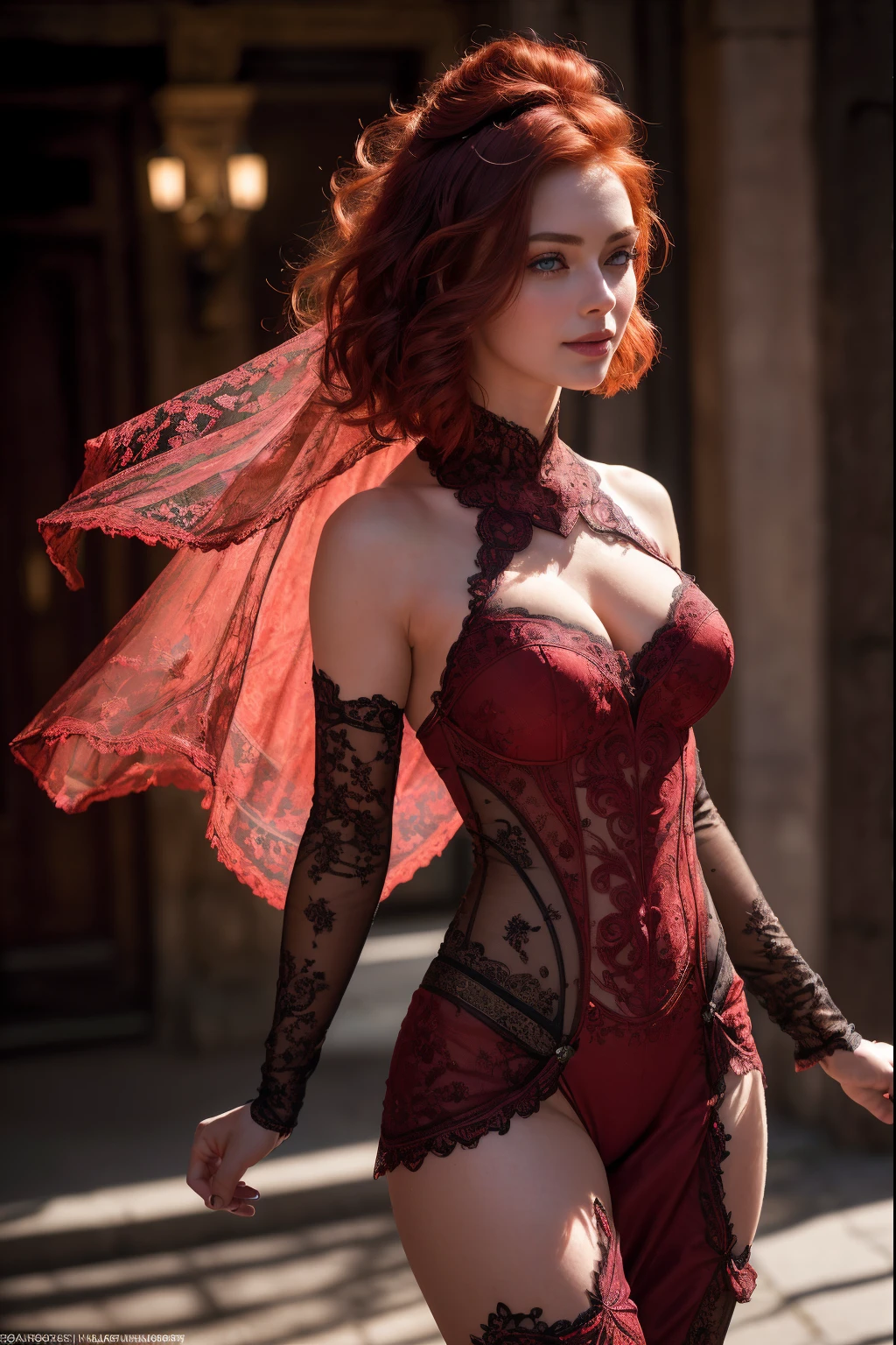 Masterpiece, (full figure) entire body in frame, (((beautiful Irish woman))), fit athletic body, (broad shoulders), perfect proportions, smiling, modeling in dark ally way, (((high detail lace elaborate elegant intricate outfit))), (((short redhead hair))), blue hour, cool colours, very detailed, dramatic lighting, digital art trending on Artstation, 8k, high definition, detailed, realistic, detailed skin texture, realistic skin texture, best quality, ultra high res, (photorealistic:1.4), raw photo, sharp focus, nikon d850 film stock photograph, dramatic lighting, (((accurate female anatomy, perfect eyes))) (((500px, fstoppers, photosight.ru, metart, femjoy)))