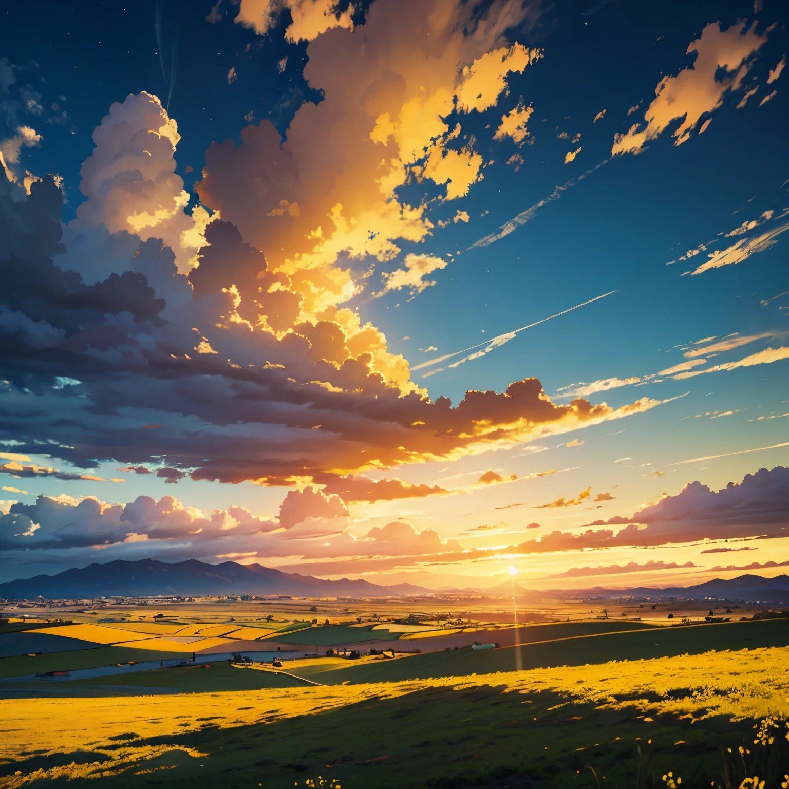 paisaje atardecer, cielo amarillo, pasto alto , nubes, twilights, paisaje plano, sol hermoso, grass meadow