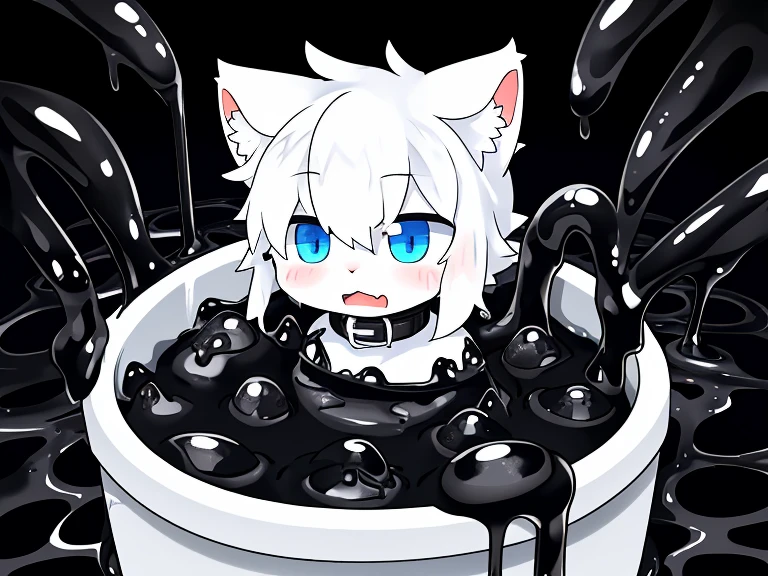 A male white cat with only his head exposed in a bucket covered in black slime，Covered with mucus，slimes，white cat，collars，Covered with mucus，sink into，Trapped，yoke，Can't break free，（（full of black goo））