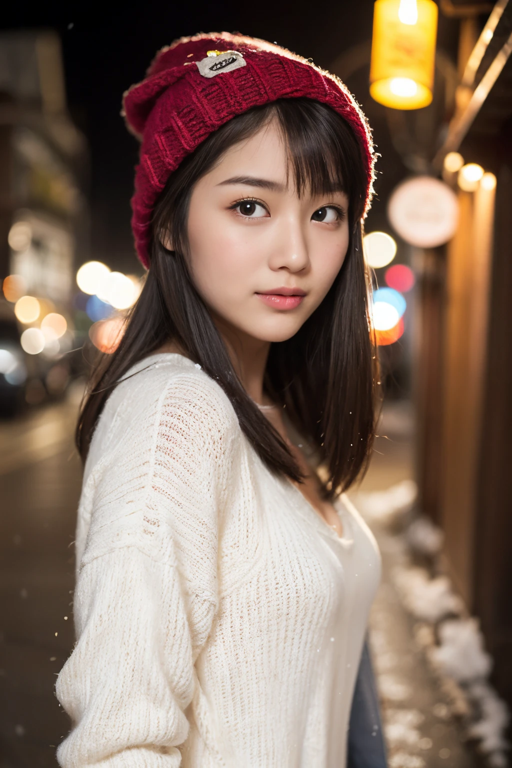 ((Kamimei、Tight knit、shot from front))、the shape of the chest is clear,、(realisitic、Photorealsitic、ultra-detailliert、Highest Details Skins、top-quality、masterpiece、超A high resolution)、Cute Japan Woman、sixteen years old、hi-school girl、younggirl、Thin makeup、no-makeup、1 girl in、I have bangs、二重まぶた、drooing eyes、Japanese style face、Rustic face、View here、Realistic skin type、fluffy hair、Red cheeks、The wind is blowing、It's snowing、nighttime scene、illuminations、Lighting from behind、knit hat、ssmile
