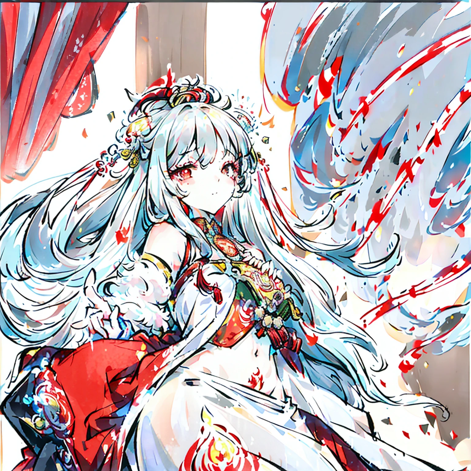 pink, white, 1girl, ninian fe, red eyes, long dress, jewelry, dancer, from above, foreshortening, shy, hands in front of chest, looking at hands, (1dragon, white dragon, dragon, dragon background:1.2)