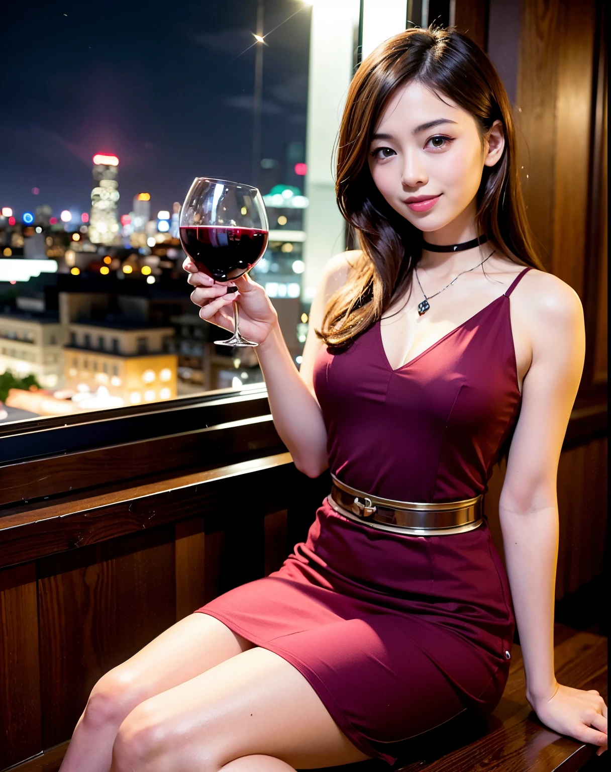 (64k, hyper HD, quality, tmasterpiece: 1.2), (actual, realisticlying: 1.37), ultra-detailliert, beautiful woman 1 person, (rosto magro), (slim), (Brown hair), (short  cut), slight blush on cheeks, (44 years old), 38yr, Alone, Beautiful and detailed night view outside the window, dining room, Wine glass sitting, natta, NovaFrogStyle in a prominent place, actor, Models, above waist, Baijiu, Slim, Red wine glasses, Super clean night view, The wine glass  placed in the middle, Happy smile, (ssmile: 1.15), beautiful fine eyes, The upper part of the body, beat japan, the night, short, short, actor, Models, above waist, Baijiu, Slim, Red wine glasses, Super clean night view, The wine glass  placed in the middle, Happy smile,