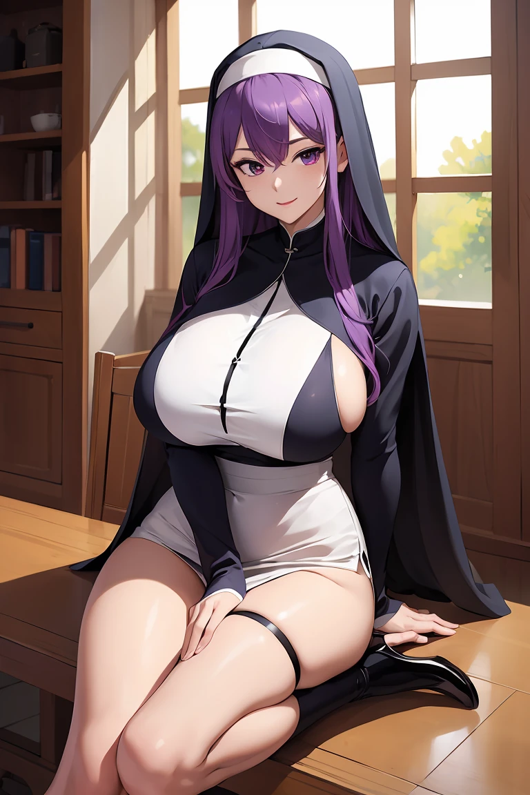 (Best quality,Unbeatable masterpiece:1.4),Ultra-detailed CG 4K,Purple colored hair,nun headdress,比基尼,high-heels,humongous large breast,Rendering,humongous large breast