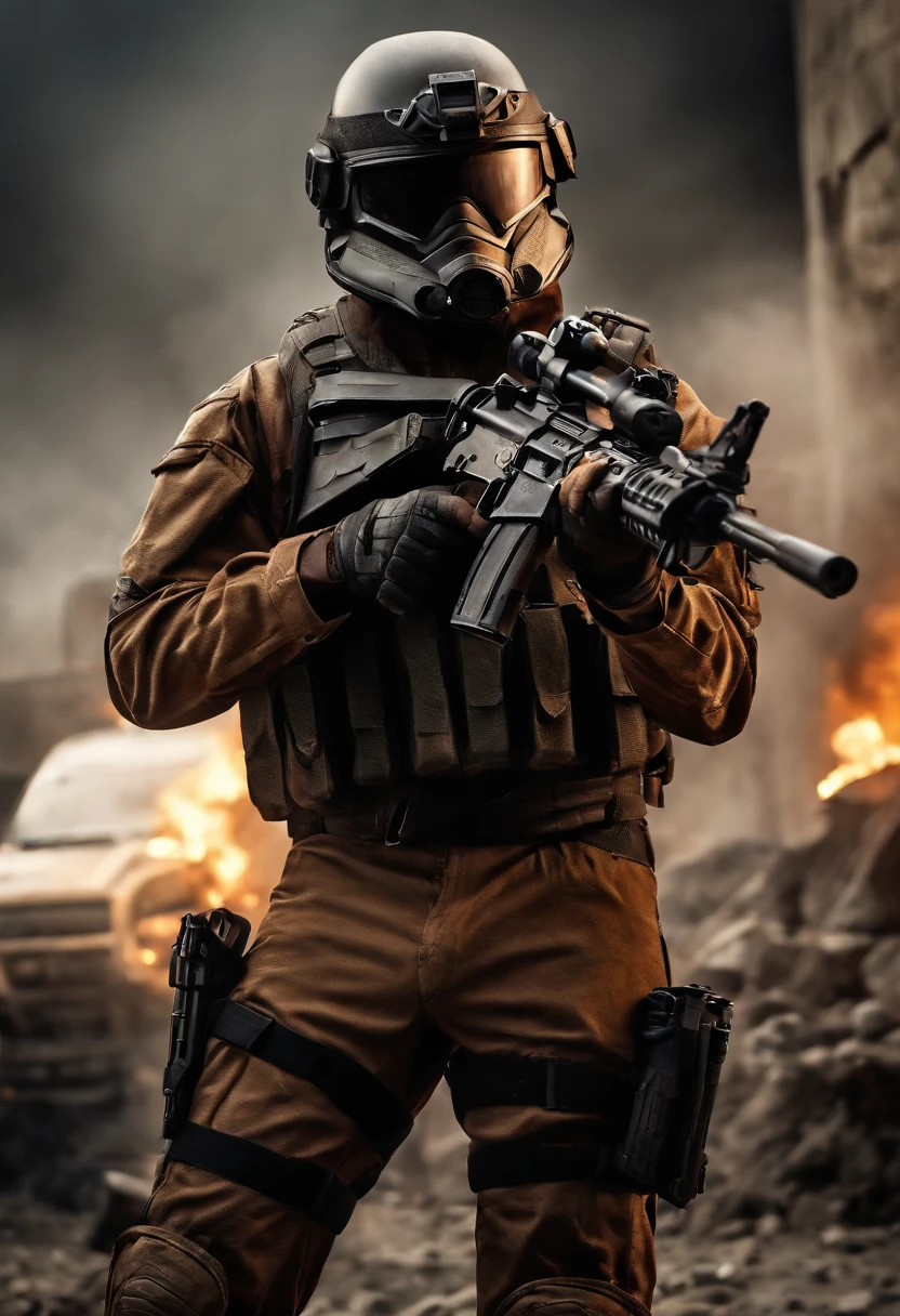 best quality,ultra-detailed,realistic:1.37,bounty hunter, post apocalyptic combat uniforms,tactical gear,protective helmets,gun in one hand,strong and confident,stern expressions,dynamic poses,intense action,military backdrop,HDR,vivid colors,professional