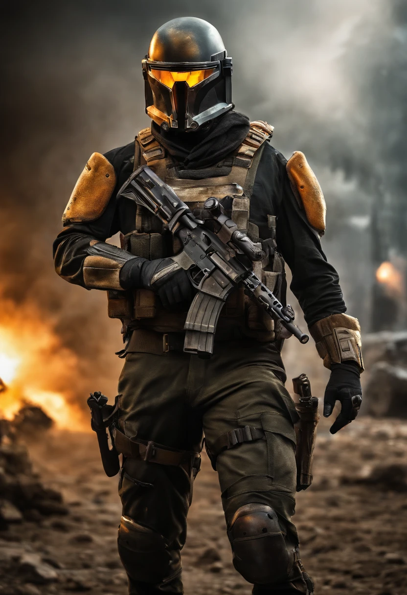 best quality,ultra-detailed,realistic:1.37,bounty hunter, post apocalyptic combat uniforms,tactical gear,protective helmets,gun in one hand,strong and confident,stern expressions,dynamic poses,intense action,military backdrop,HDR,vivid colors,professional