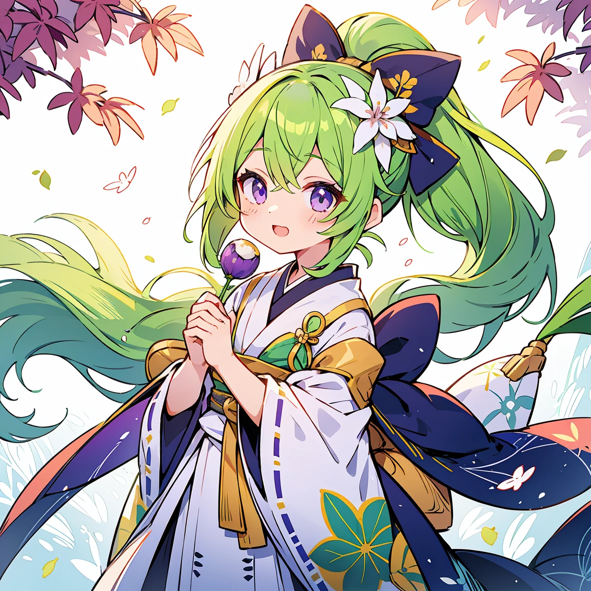 chiquita、Green hair、It sticks to the end of the hair.、purple-eyed、White onmyoji costume、hold the bow、kyoto、Colorful leaves、Cheerful look