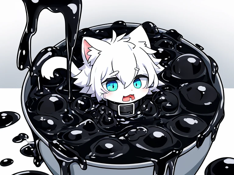 a male white cat，Only the head  exposed in a bucket full of black slime，Covered with mucus，slimes，white cat，collars，Covered with mucus，sink into，Trapped，yoke，Can't break free，（（full of black goo））