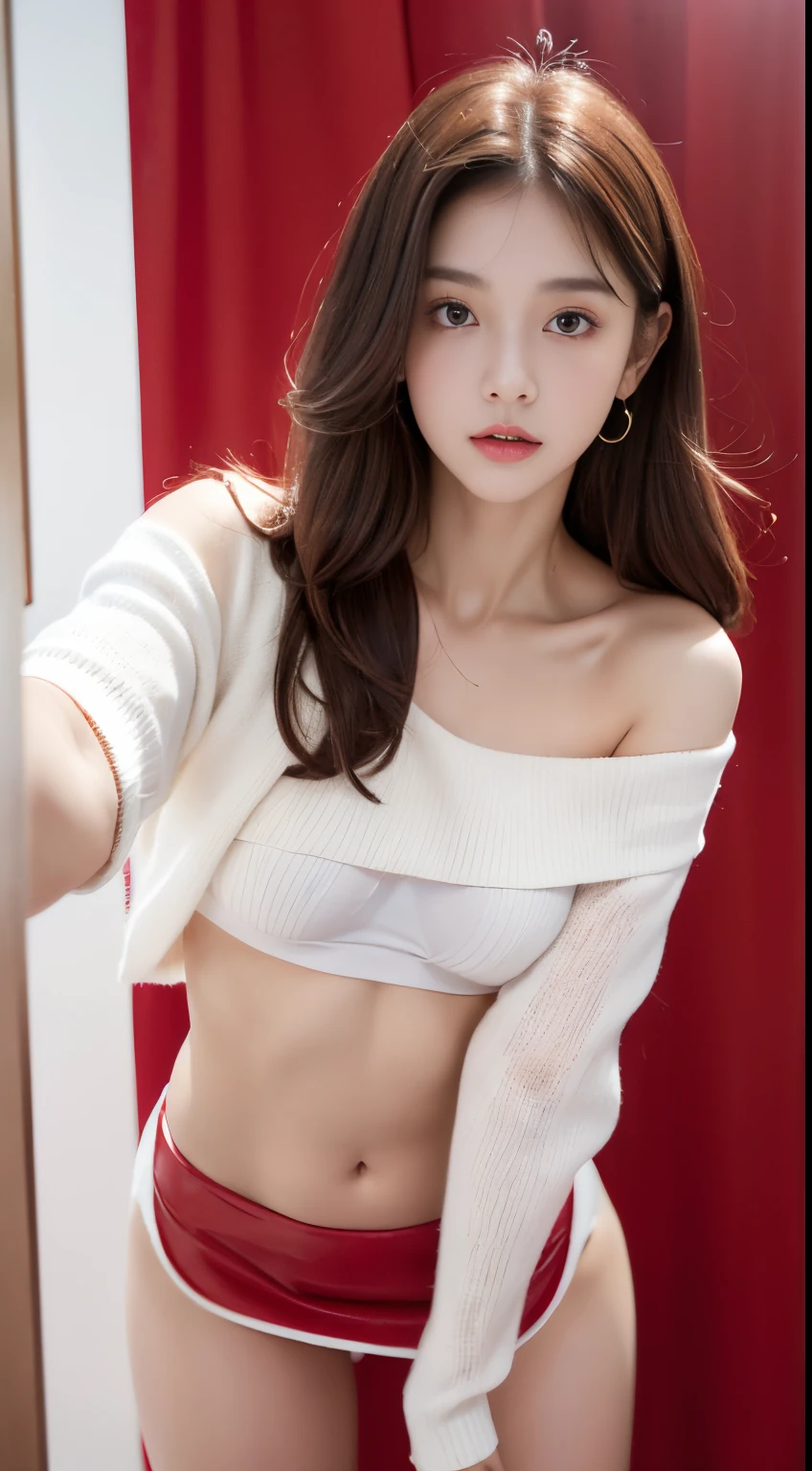 8K,masuter piece,Photorealsitic,1girl in，Solo、The upper part of the body、(((up of face:1.5)))、((lean forward and approach the camera:1.5)))、white off-shoulder sweater、Belly、Beautiful skin visible from the stomach and shoulders、Red leather short skirt、(Big mouth)，Looking at the camera、Light reflected in the eyes