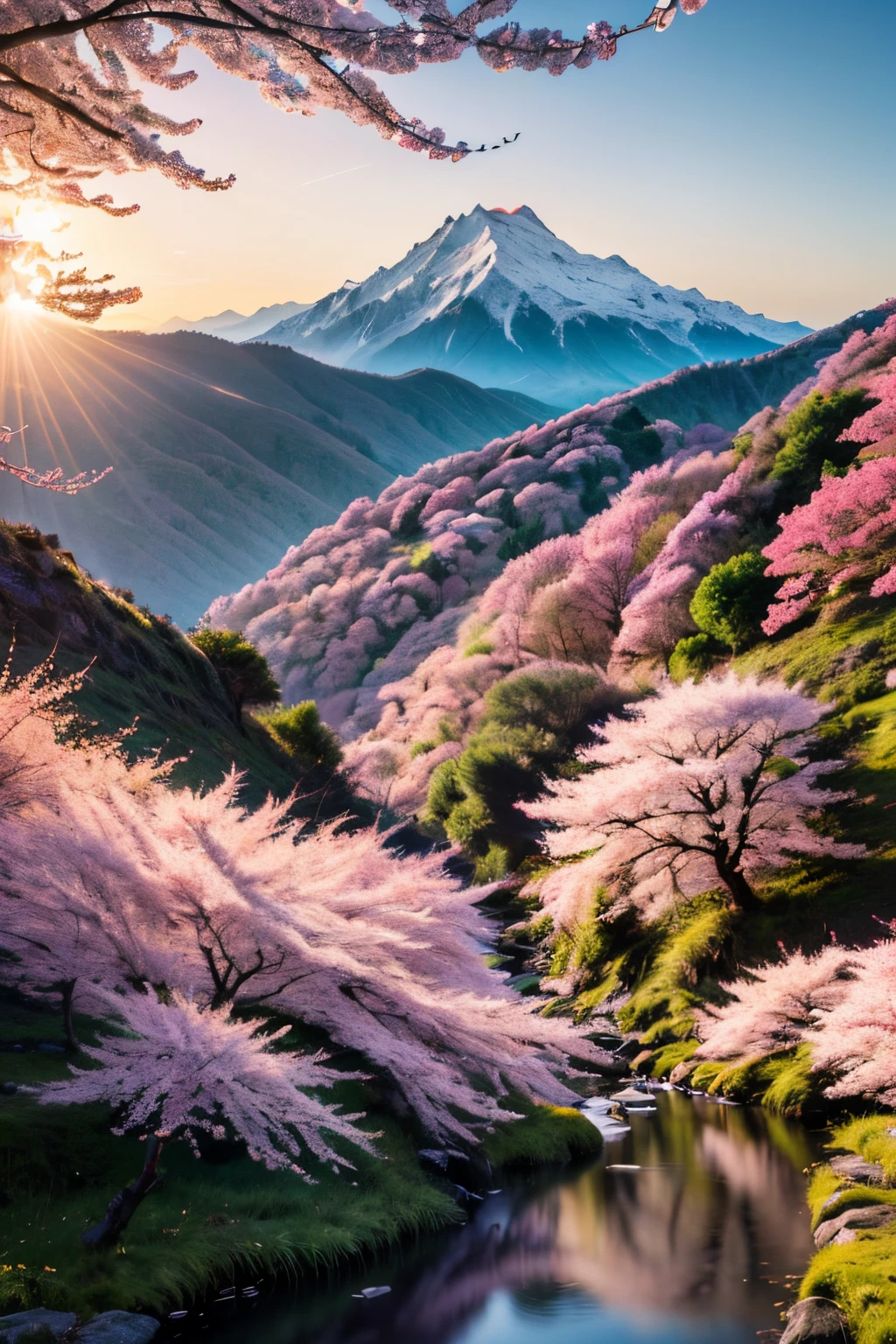 Deep forest, mountain in the distance, Flying birds. two-dimensional style, Bright and vibrant, Cherry blossoms covering the mountainside, You can see the sunrise in the distance, The creek meanders, There are several daffodils in the bank, sunrises