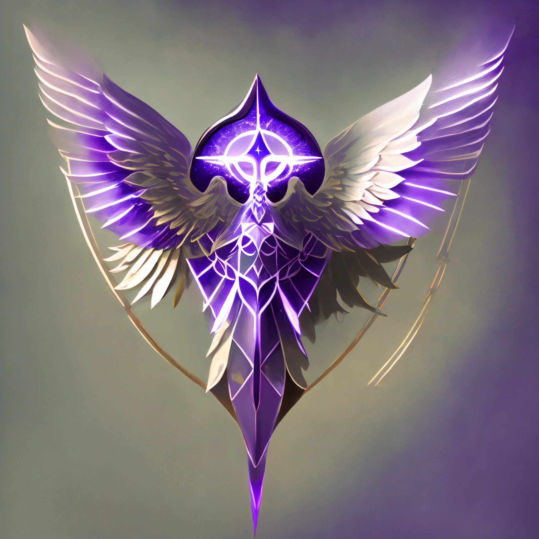 A seraphim with a glowing purple triangle floating above its head with a bright background allowing the main subject to be focused on