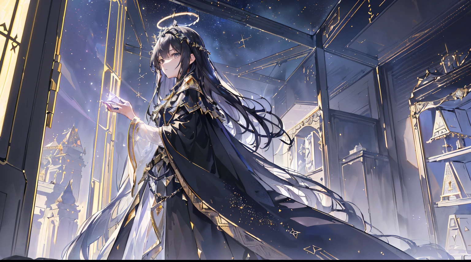 ((ultra - detailed)),((Lighting))，((tmasterpiece)),(((need))),((Exquiseticuloso、Highest Quality CG Unity 8K Wallpapers，tmasterpiece），（（4K，tmasterpiece，Best quality）），A woman with long light black hair extends her left hand forward，Turn your back to the stars.，There  a strange halo around my left hand，The right hand holds a transparent pyramid model，Long hair and waist，gray eyes without light，above black robe，With dark golden texture，A cold expression，Whole body diagram，Imperial sister，Emits a shimmering light，it  surrounded by golden dioramas，Intellectual beauty，Lilac Case，laurel crown，Lilac veil