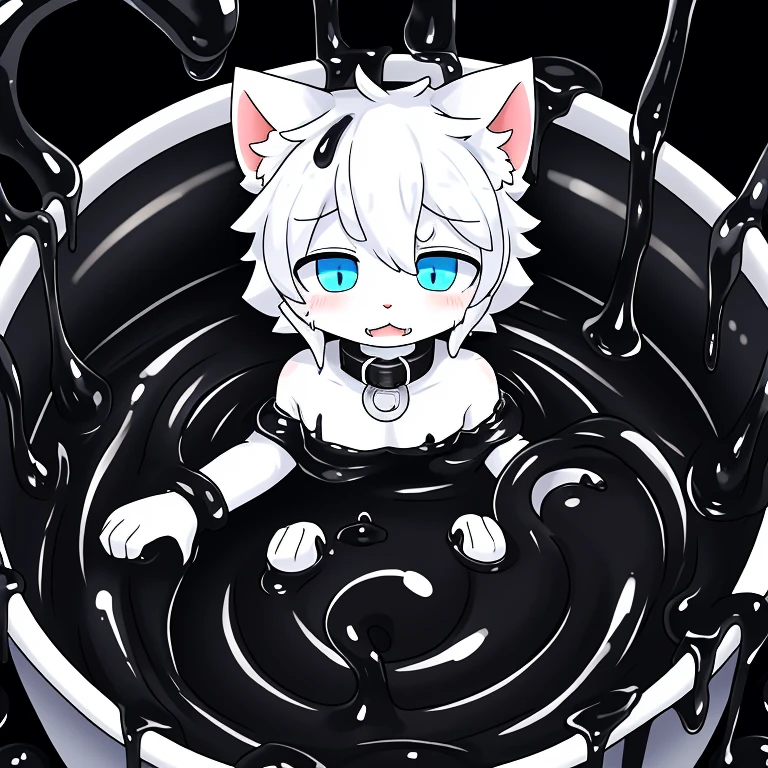a male white cat,Only the head exposed in a bucket filled with black slime,Covered with mucus,slimes,white cat,collars,Covered with mucus,sink into,Trapped,yoke,Can't break free,((full of black goo))