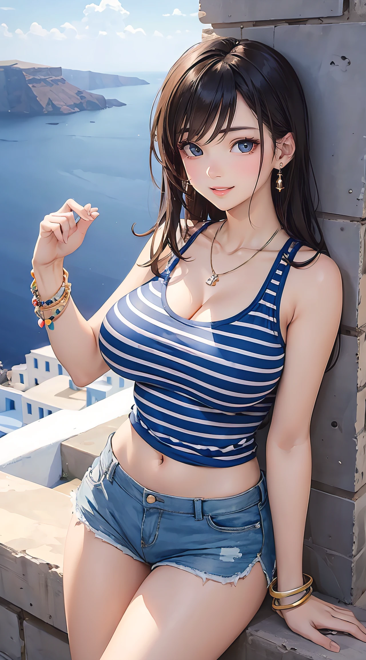 (masterpiece, best quality), 1 girl, perfect body, big breasts, woman, santorini, striped tank top, shorts, stylish, colorful, bracelets, necklace