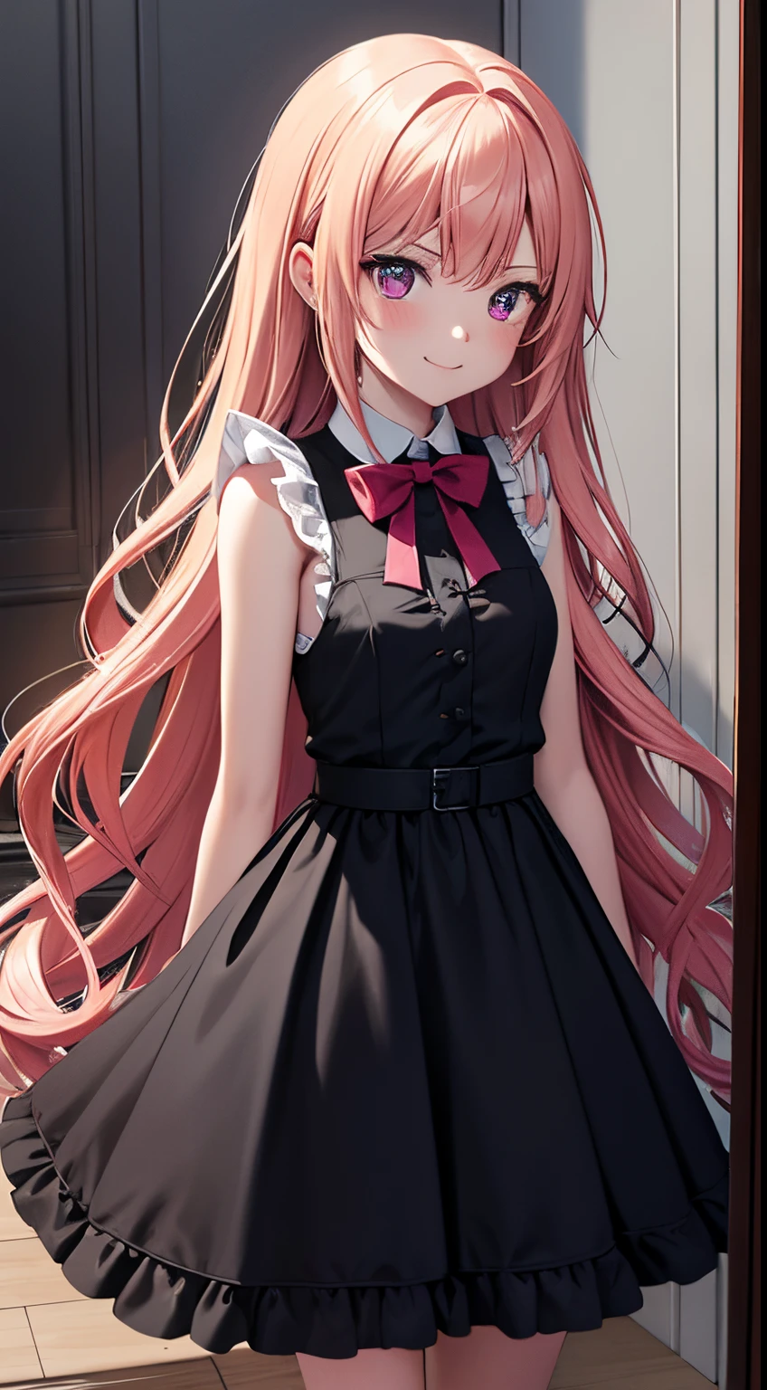 Anime Antanta - Young girl, inside the mirror, pale skin, small breasts, blonde hair, long hair, pink highlights with curls, black sclera, dark pink eyes, smile, magenta bow in hair, sleeveless black double breasted dress, ruffles, magenta shoes, bow on dress, magenta tights, strong shadow in the front, a strong shadow on his face, shattered realm on background, shattered mirrors, the clock tower in the background, nocturne