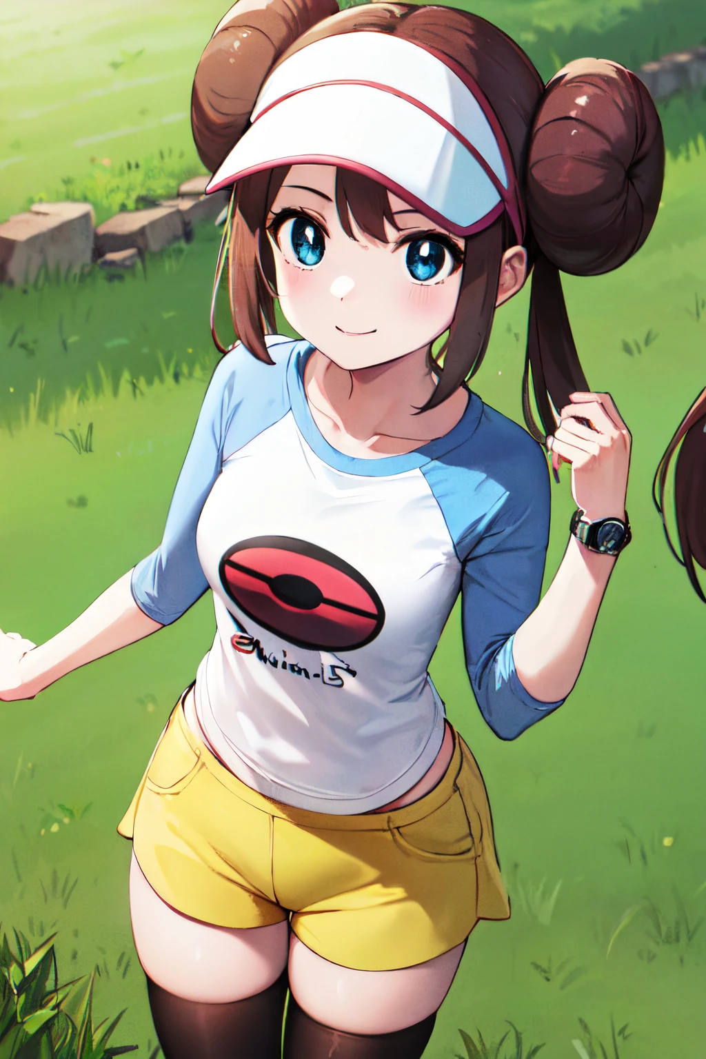 masuter piece, Best Quality, 超A high resolution, top-quality, Anime style, The best lighting, Beautiful face, ​masterpiece, Hi-Res, RO1, Hair buns, blue eyess, Twin-tailed, Visor Cap, panthyhose, raglan sleeves, Yellow shorts, The shirt, Pink ribbon, wrist watch,  Standing, cowboy  shot, deph of field, pokeball \(basic\), A smile, (Grass background:1.5), pleasant sunny sky, 1girll, (a closeup:1.4), Black stockings