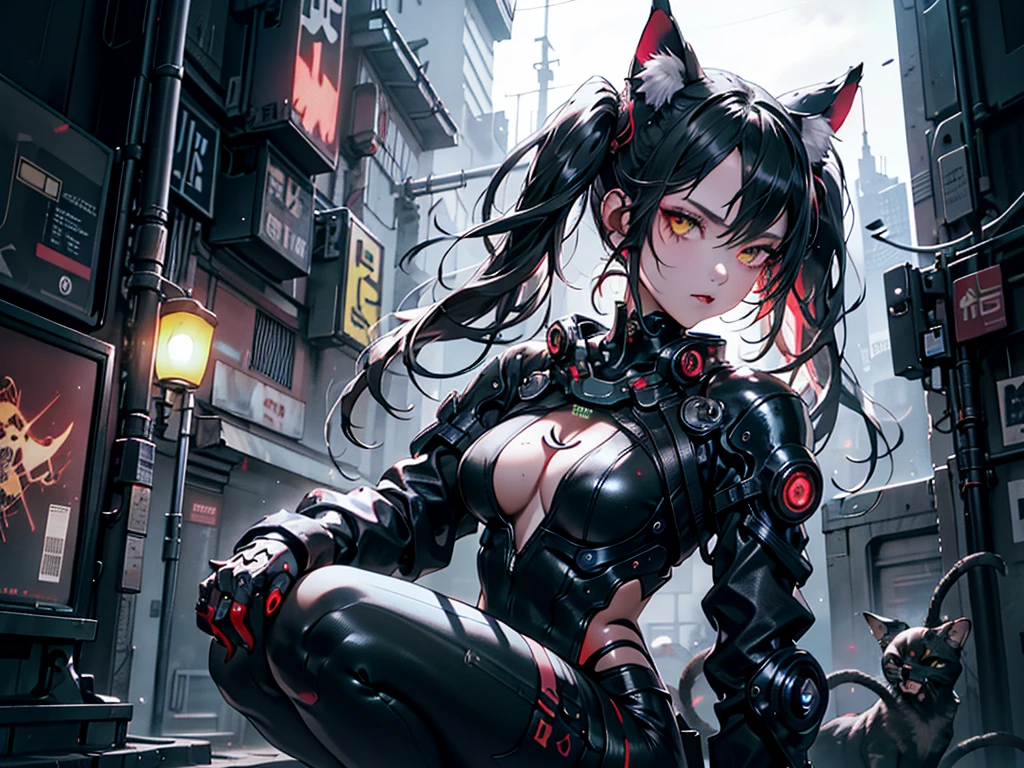 a Nekomata catgirl, solo, white ((twintail hair)), red iris (eyes), slender body, slender hips, big breasts, nipple contours, wearing full black ((heavy cyberpunk armor)) with red lighting, (black tech jacket)), black cyber cat ears woth red lights, science fiction, cyberpunk city in the background, black ((Skin Tight Armored ripped leotard with red lights)) In the Style of Cyberpunk 2077, in a crowded cyberpunk city, squatting, next to a a close up of a black motorcycle parked, kawasaki, towards the viewer, legs parted, visable cameltoe, visable vuvla, Ultra realistic photo, masterpiece, best quality, CG, wallpaper, HDR, high quality, high-definition, extremely detailed, {beautiful detailed face}, {beautiful detailed eyes}, (detailed light){{intricate detail}}, {highres}, ((detailed face)), Red lights, chiaroscuro, key visual, intricate detail, highly detailed, breathtaking, vibrant, cinematic