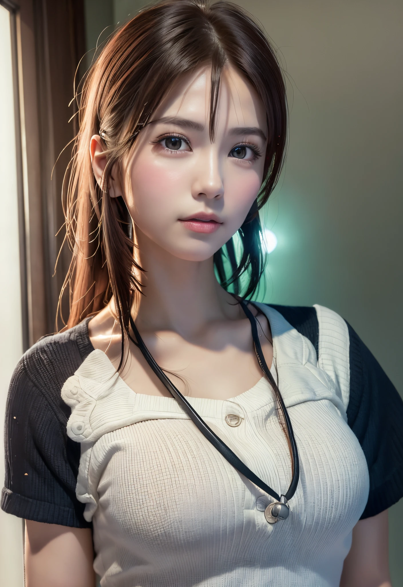 8K, of the highest quality, masutepiece:1.2), (Realistic, Photorealsitic:1.37), of the highest quality, masutepiece, Beautiful young woman, Pensive expression, Thoughtful look, Female doctor, Nurse、Hair tied back, Cinematic background, Light skin tone