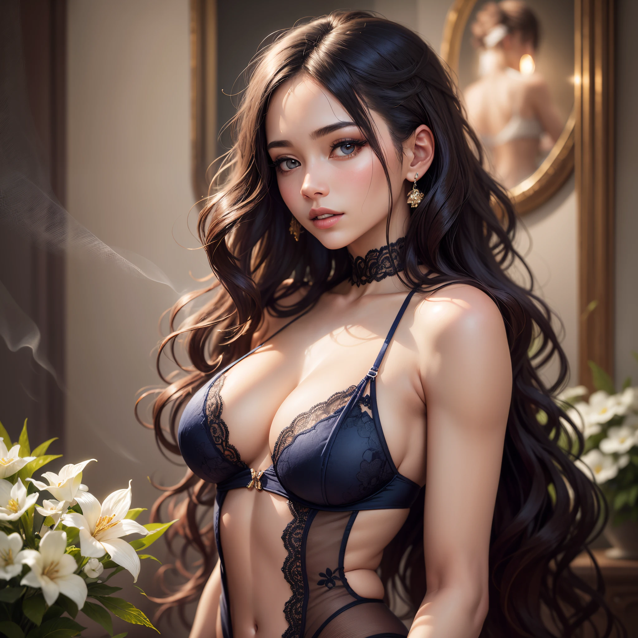 (best quality,4k,8k,highres,masterpiece:1.2),ultra-detailed,(realistic,photorealistic,photo-realistic:1.37),colorful,map of a beautiful woman in lingerie,navy blue,detailed white flowers, and lace,luxurious silk lingerie, intricate lace patterns on lingerie, delicate lace trim,alluring pose and expression,smoky eyes with a hint of mystery,voluminous wavy hair cascading down her back,flawless complexion,gold jewelry highlighting her beauty,soft and elegant lighting,contrasting colors to enhance the visual impact,fine attention to every intricate detail,highlighting the woman's grace and sensuality,subtle shadows and highlights emphasizing the depth and texture,harmonious composition and balance,romantic and captivating atmosphere --auto --s2