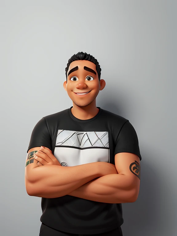 weblen nascimento, Cartoon in black shirt and black pants, arms crossed, olhando para frente e sorrindo com os dentes aparecendo; e cabelo preto e grisalho nas pontas e curto