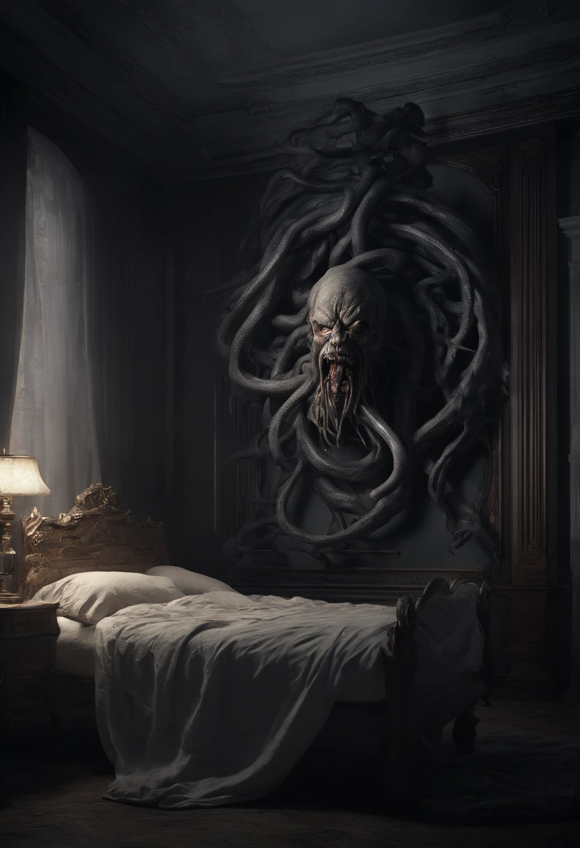 3d render, (masterpiece:1. 3), (8k, photorealistic, RAW photo, best quality: 1. 4), Closeup of a giant huge oversized scary angry Medusa terminate, a girl sleeping in a bed in a bedroom, rococo style, candlelight