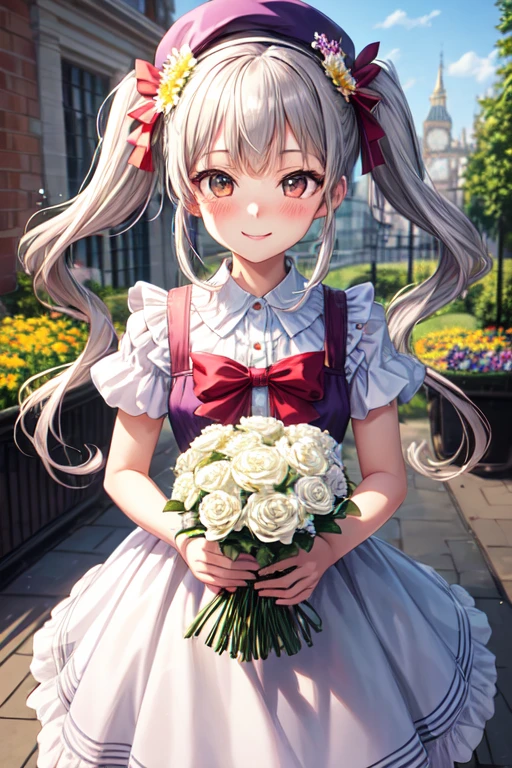 masutepiece,Best Quality,Beautiful,A very detailed high quality, masutepiece, 8K, girl, Solo, Detailed beautiful face and eyes, Smile, blush, Brown eyes, Looking at Viewer, Twin tail, Gray hair, Flower dress, Bow, hat ribbon, flower, Flower Shop,(holding flower bouquet)、 London, Illustration