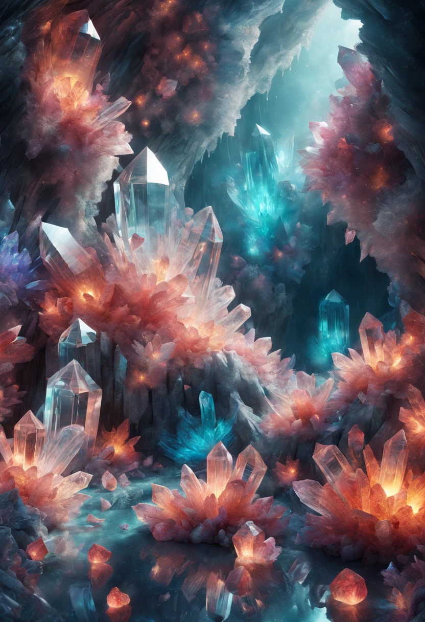 (8k wallpaper, .primitive, Photorealistic:1.25) ,( glossy side,, Best quality, Ultra-high resolution, Depth of field, color difference, Caustics, Special light) ,Iridescent color style,(dreamy and romantic compositions:1.5),Bright style,(a big Crystal Cave,)