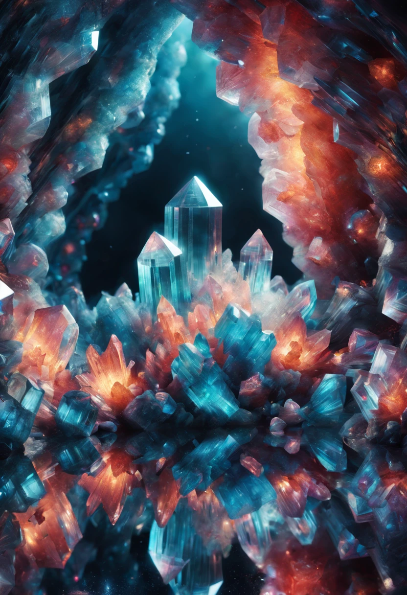 (8k wallpaper, .primitive, Photorealistic:1.25) ,( glossy side,, Best quality, Ultra-high resolution, Depth of field, color difference, Caustics, Special light) ,Iridescent color style,(dreamy and romantic compositions:1.5),Bright style,(a big Crystal Cave,)