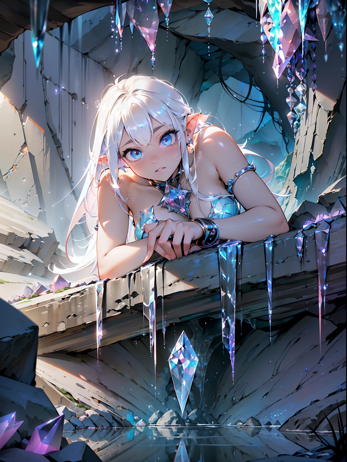 ((A close up)) of anime teen girl, (((((sitting down in a cave full of (crystals: 1.4)))))), (mostly naked), ((barefoot)), (cinematic light), skin is perfectly white, soft, and smooth, ((no nsfw)), Extremely delicate and beautiful CG illustration, small thigh, slim body, best quality, high resolution, dynamic angle, full-length lens, (((1 girl))), (detailed eyes), soft light, high-key lighting), glowing light, ((blue glowing ring around her ankle)), (((wearing (only) a white (transparent) tank top))), ((((mist: 1.7))))
