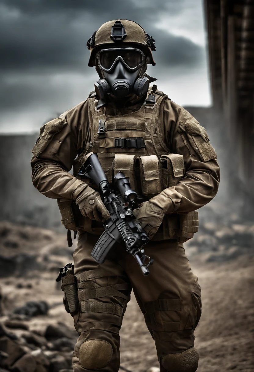 best quality,ultra-detailed,realistic:1.37,Military soldier, post apocalyptic combat uniforms, post apocalyptic gas mask,tactical gear,protective helmets,gun in one hand,strong and confident,stern expressions,dynamic poses,intense action,military backdrop,HDR,vivid colors,professional
