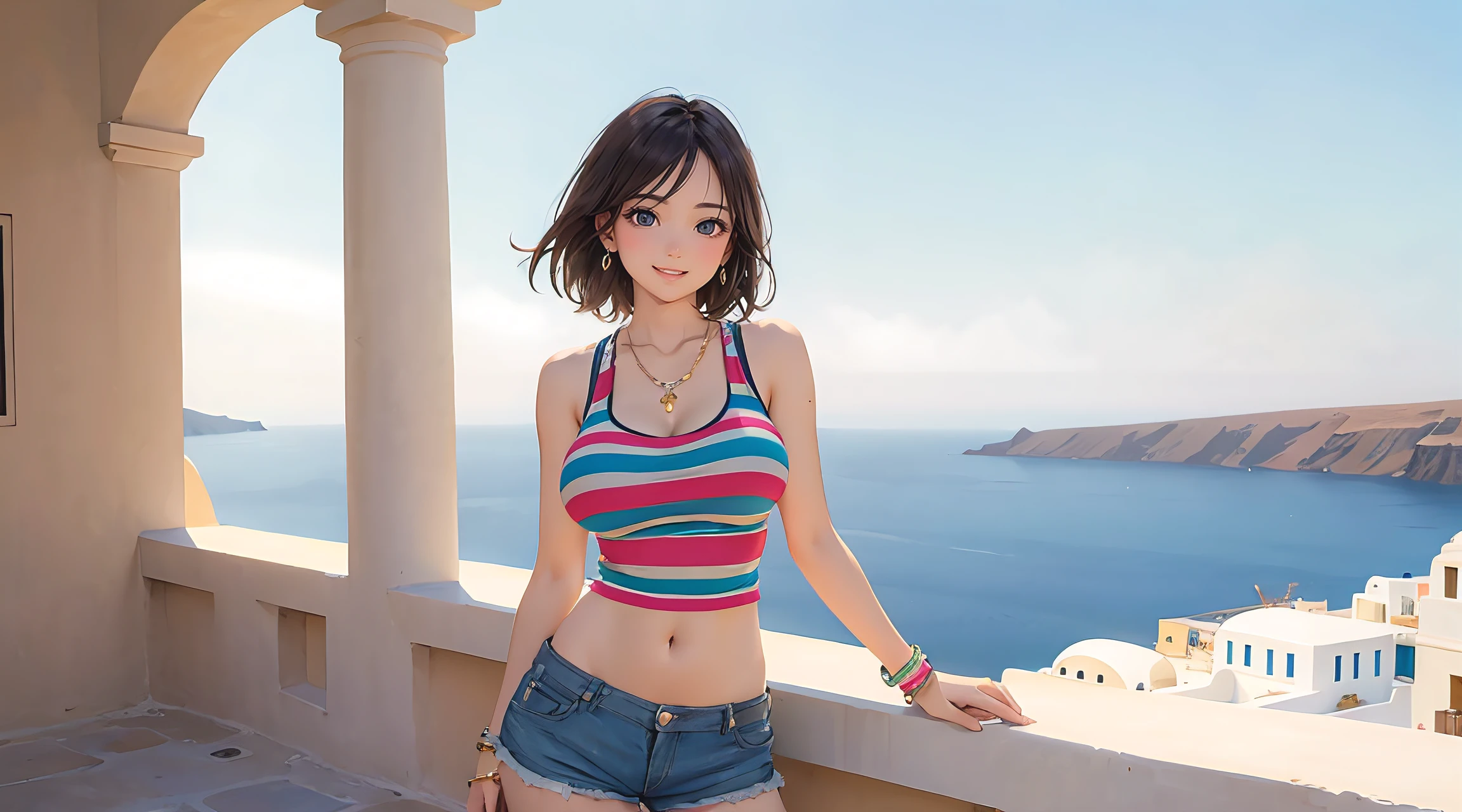 (masterpiece, best quality), 1 girl, perfect body, big breasts, woman, santorini, colorful striped tank top, shorts, stylish, bracelets, necklace, standing pose, afternoon
