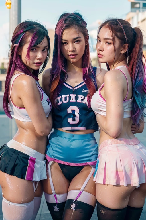 multiple characters, 3 girls, 2 white girls, 1 asian girl, cheerleader uniforms, short skirts, thigh high stockings, cum on face, cum facials, jizz on face, semen on face, bukkake, realistic cum, sweaty, hot, wet, blushing, eGirl, rainbow hair, vibrant hair, redhead, exposed panties, thong panties