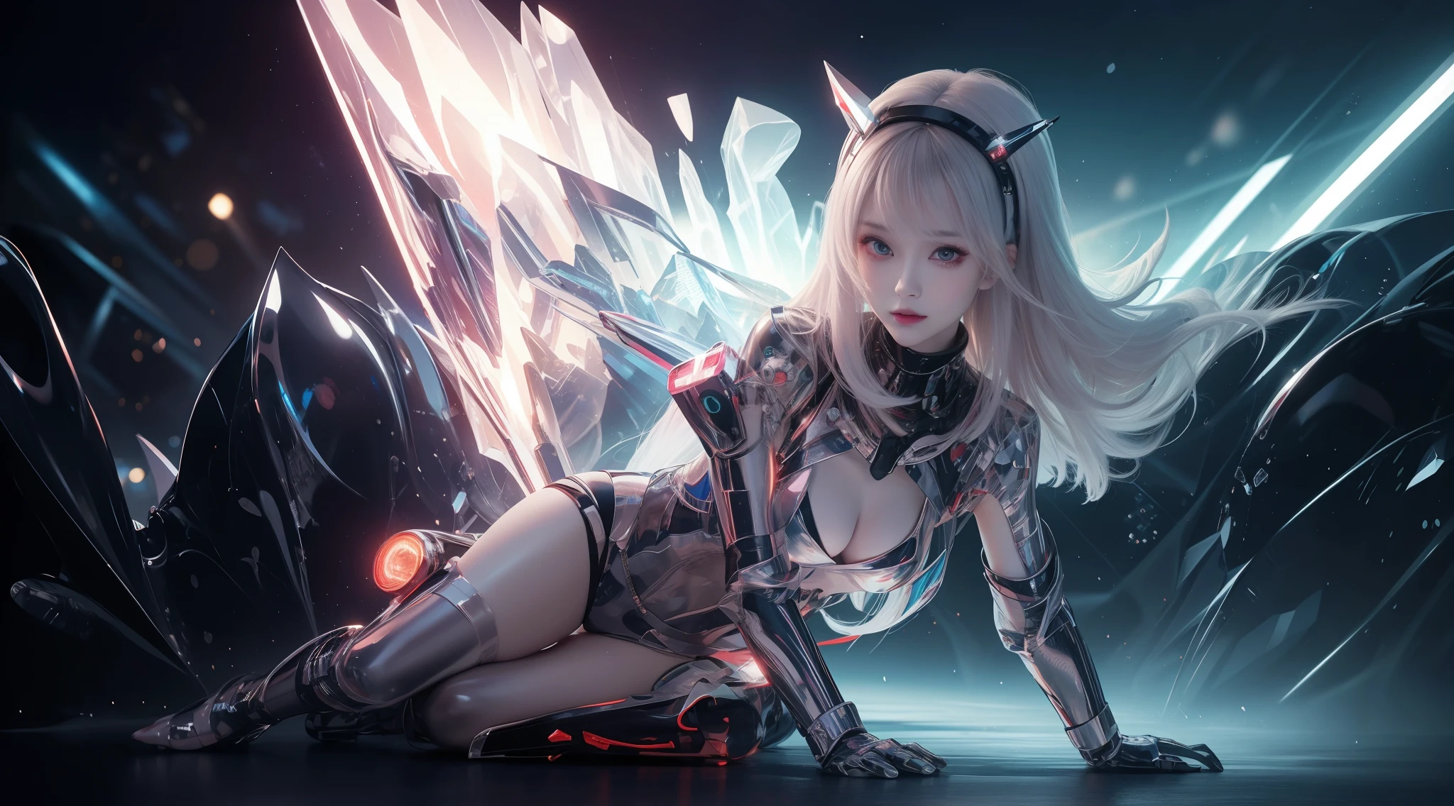8k ultra high definition, tmasterpiece, A beautyful girl, 詳細な目, Good face, Detailed eyebrows, Cyberpunk costumes, white apparel, cyber punk personage, cyber space, cyberpunk shiny background, neon-light-effect, Diffusion illumination, red lights, Full body capture, complete image,